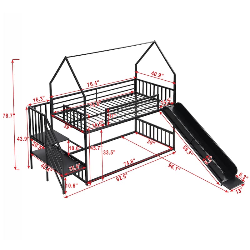 House-Shaped Twin Bunk Bed with Slide and Staircase, Space-Saving Metal Design
