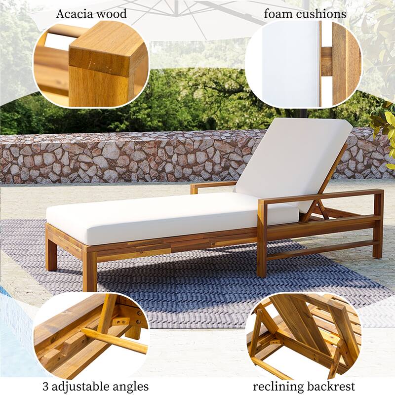 Acacia Wood Adjustable Lounge Chair, 3-Position, 529LB, Waterproof