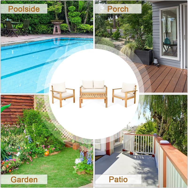 Costway 4PCS Patio Furniture Set Acacia Wood Thick Cushion Loveseat - See details
