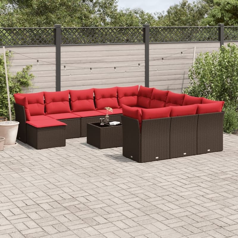vidaXL Patio Sofa Set with Cushions Outdoor Conversation Furniture Poly Rattan - 24.4" x 24.4" x 27.2" - Brown and red with table