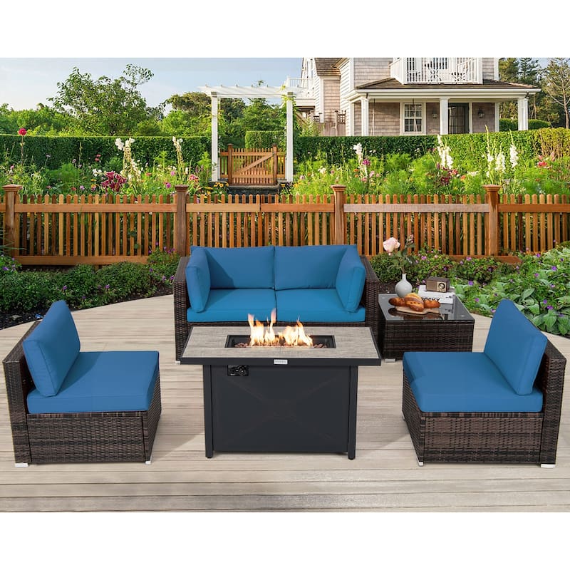 Costway 6PCS Patio Furniture Set Rattan Cushioned Sofa Gas Fire Pit - See Details