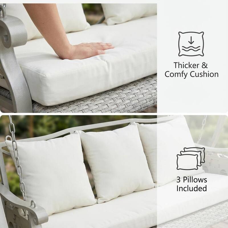 3-Person Wicker Patio Swing with Cushions & Pillows