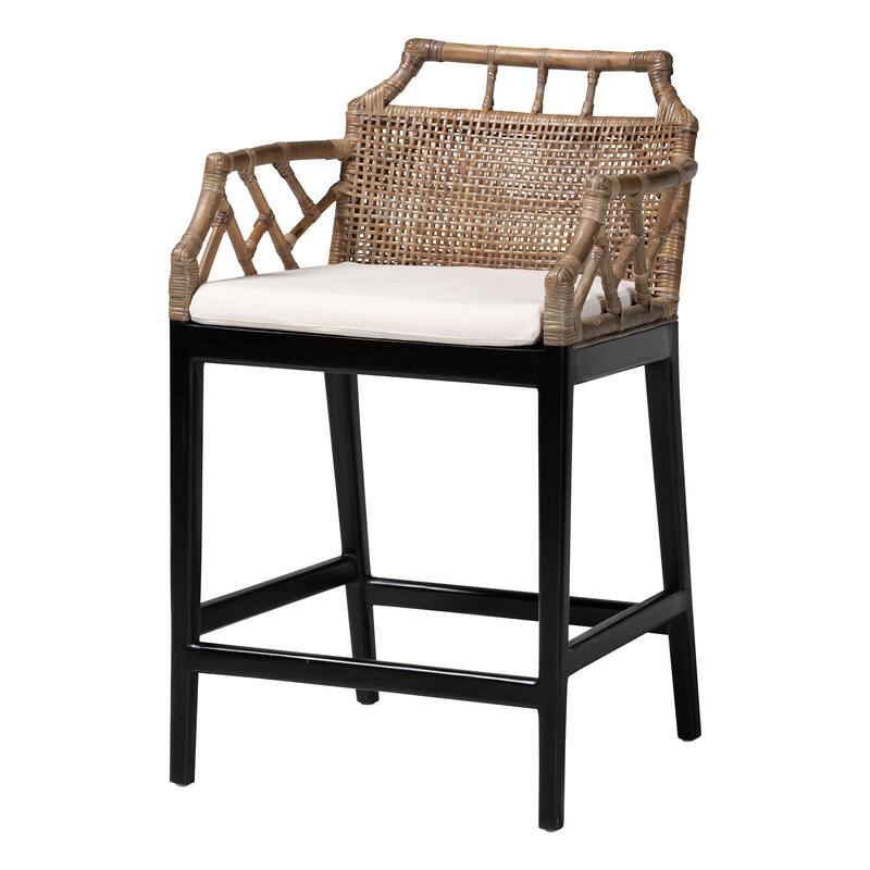 Abiel Natural Rattan Counter Stool with Arms and Removable Cushion - Handwoven Wicker Stool with Mahogany Wood Frame - Greywash/Black