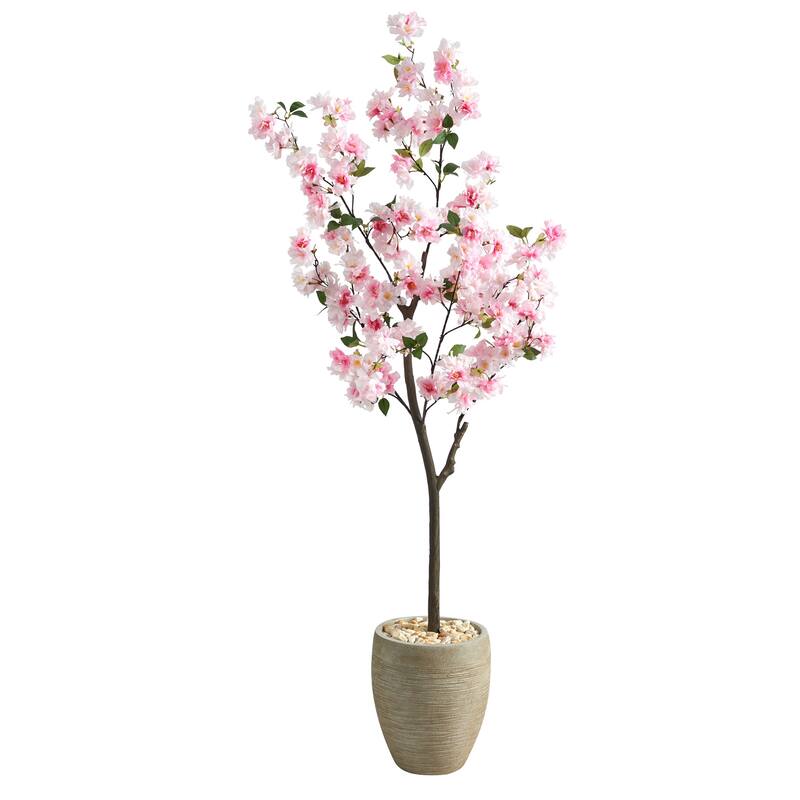 5.5ft Cherry Blossom Artificial Tree in Sand Planter with Lifelike Pink Flowers and Green Leaves for Bedroom Decor