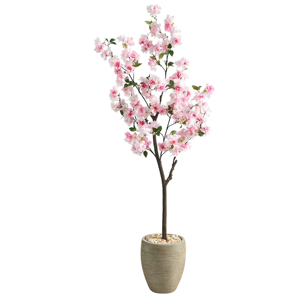5.5ft Cherry Blossom Artificial Tree in Sand Planter with Lifelike Pink Flowers and Green Leaves for Bedroom Decor