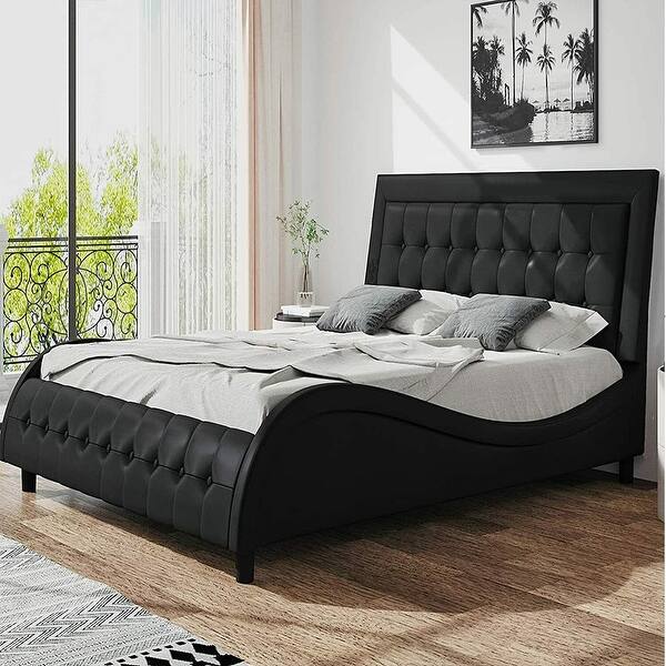Queen WaveLike Deluxe Bed Frame with Adjustable Headboard, Black Bed