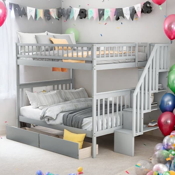 slide 2 of 19, Modern Full Over Full Bunk Bed With Two Drawers And Storage,Sturdy Frame for Bedroom Grey