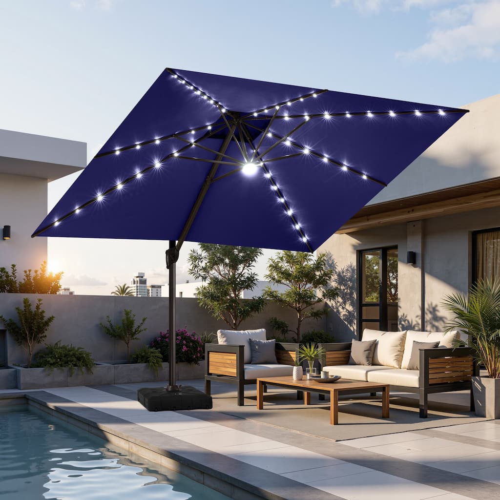 11 FT Outdoor Double Top Solar Powered LED Patio Cantilever Umbrella with Base