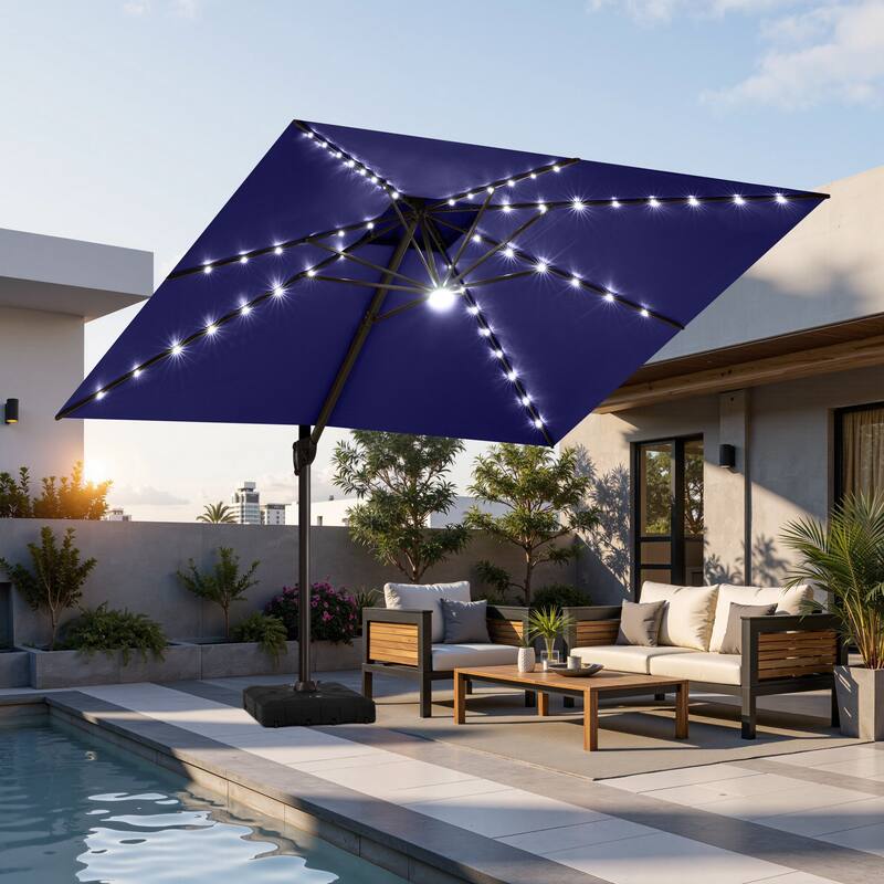 11 FT Outdoor Double Top Solar Powered LED Patio Cantilever Umbrella with Base - Navy Blue