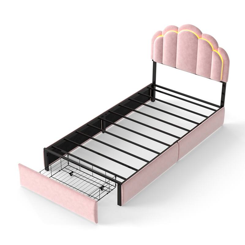 Velvet Upholstered Platform Bed with RGB LED Petal Headboard, Under Bed Storage Drawers Princess Bed Frame
