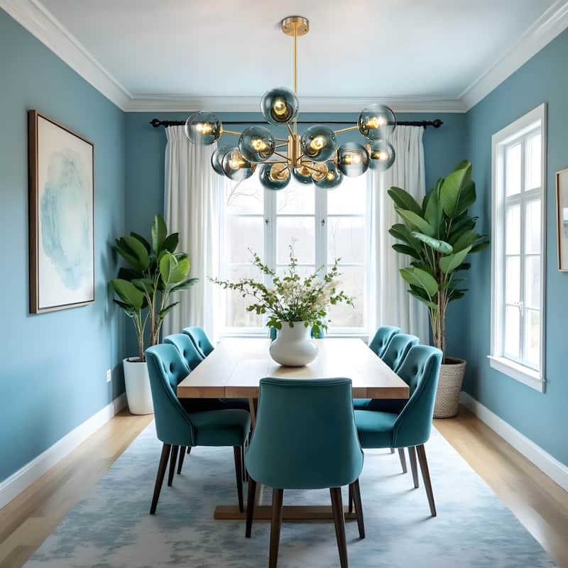 Mid-Century 12-Light Sputnik Blue Glass Bubble Chandelier 35.4in