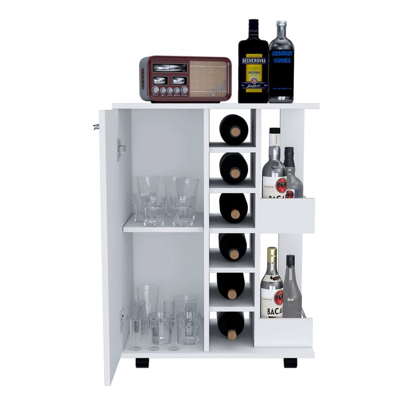 Bar Cart, Four Casters, Six Wine Cubbies, Single Door Cabinet