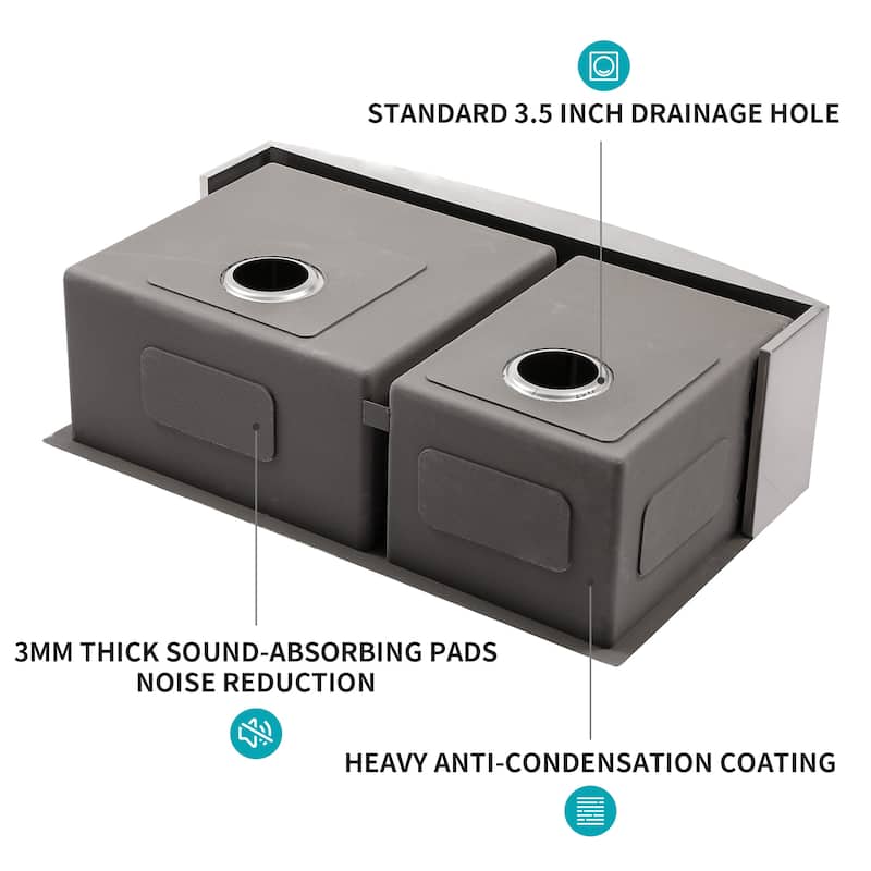 33" Farmhouse 16 Gauge Double Bowl Stainless Steel Kitchen Sink in Brushed Nickel - 33'' x 21'' x 10''