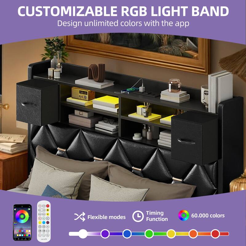 Black Farmhouse Bed Frame Upholstered Headboard Platform Bed with Charging Station