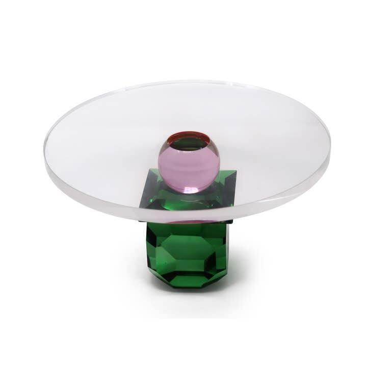 Glass Cake Plate with Diamond Green and Pink Base