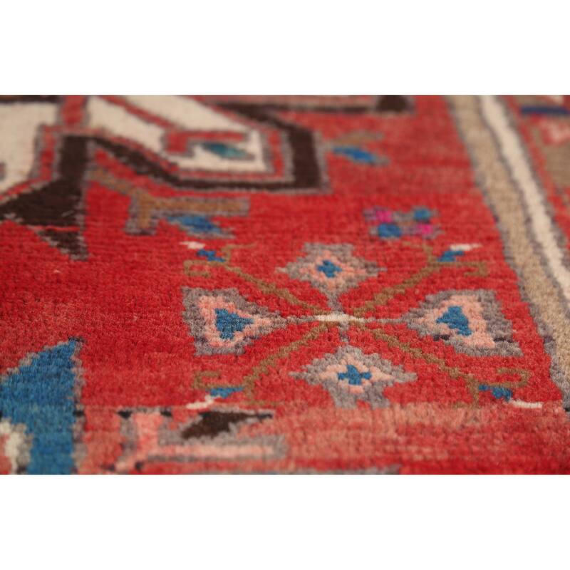 Hand Knotted Oriental 100% Wool Carpet Traditional Geometric Red Heriz Runner Rug - 9' 7'' X 3' 2''