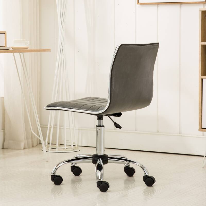 Cute Armless Office Chair, Leather Computer Desk Chair, Vanity Task Chair with Adjustable Height, Swivel Wheels, Mid Back