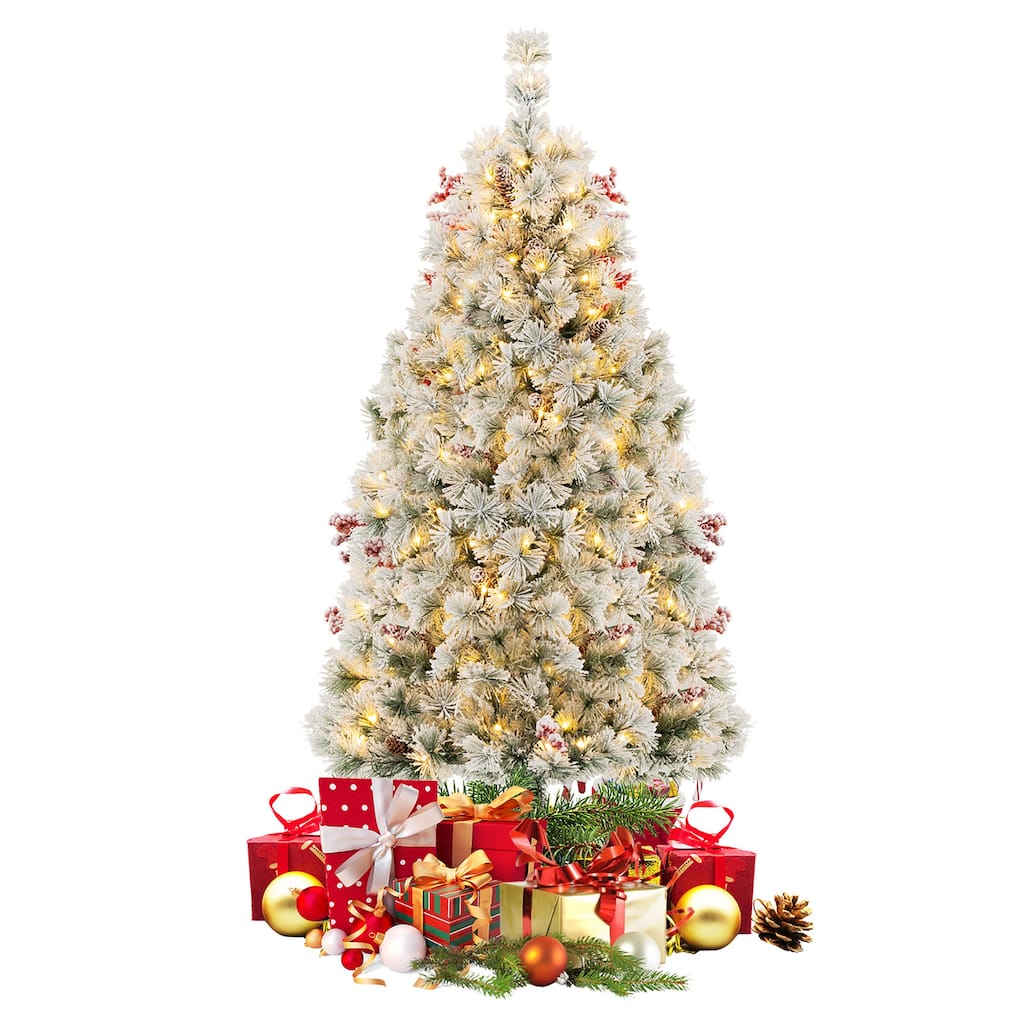 Gymax 4.5 FT Pre-Lit Artificial Christmas Tree Snow-Flocked Hinged