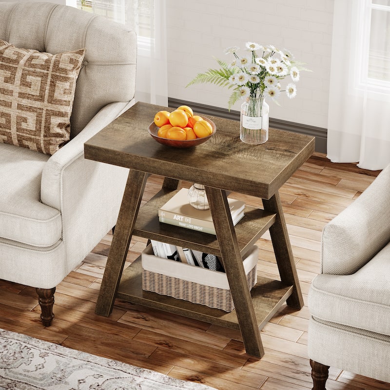 End Table, Side Table with 3-tier Storage Shelf