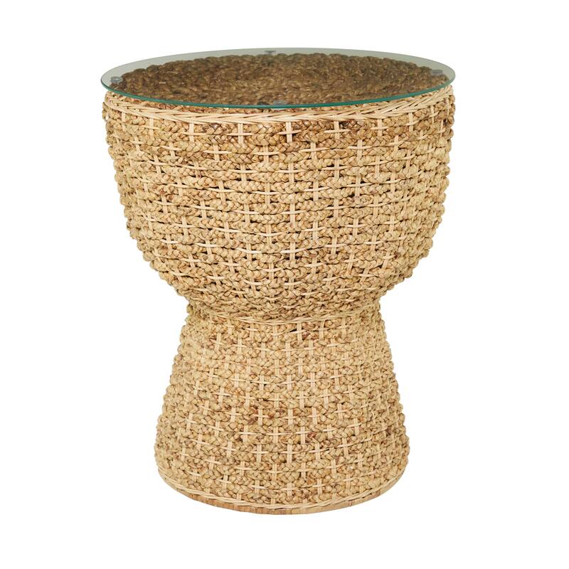 Brown Seagrass Handmade Woven Accent Table with Glass Top