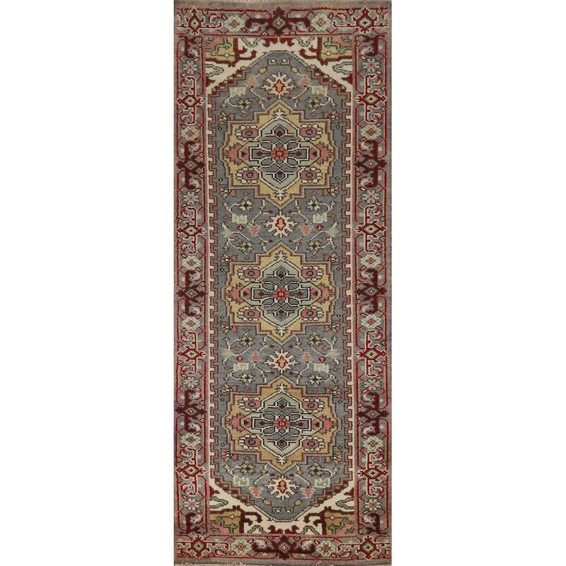 Hand Knotted Oriental 100% Wool Carpet Traditional Geometric Greys & Charcoal Heriz (serapi) Runner Rug - 7' 11'' X 2' 7''