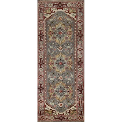 Hand Knotted Oriental 100% Wool Carpet Traditional Geometric Greys & Charcoal Heriz (serapi) Runner Rug - 7' 11'' X 2' 7''