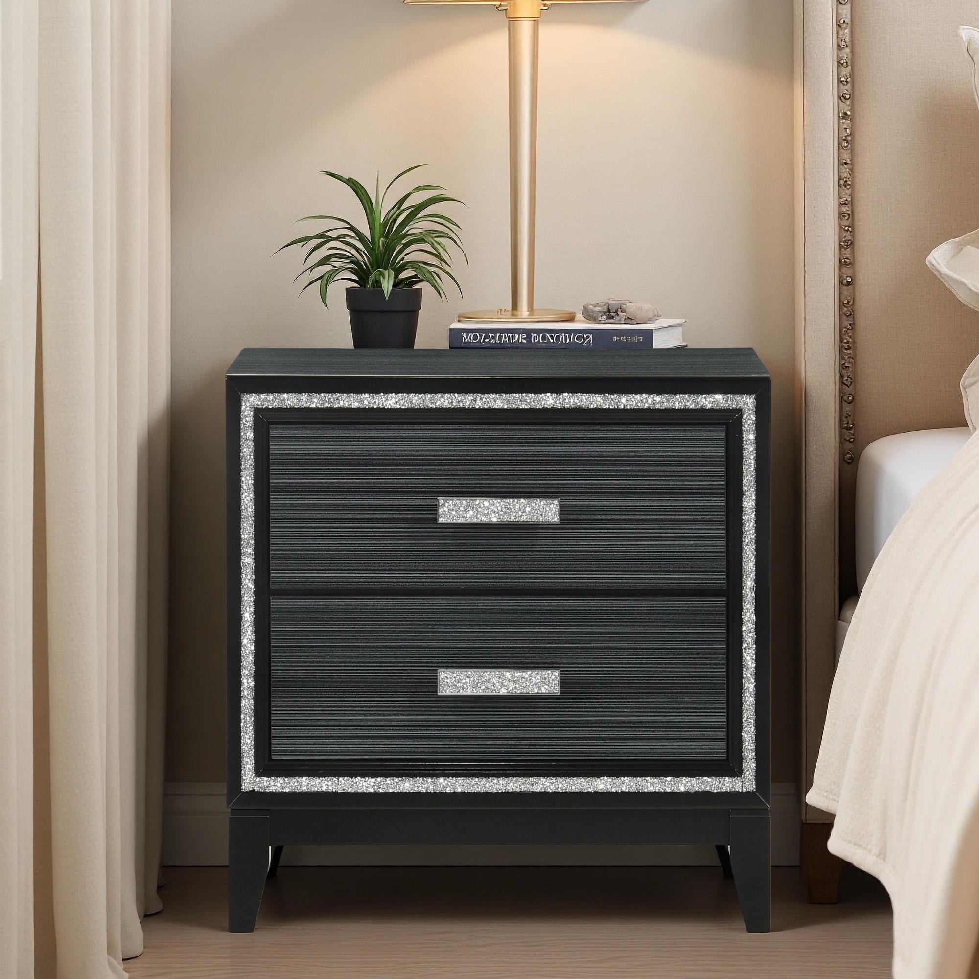 28.5" Particle Board and Rubber Wood Nightstand with 2 English Dovetail Drawers, Safety Stop, Glam Modern Design Bedside Table