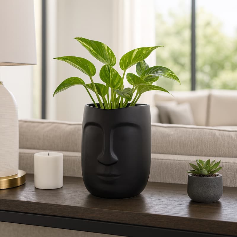 6" Ceramic Planter Vase, Face Design Vase in Black Planter Pot for Succulents and Plants, Indoor or Outdoor Ceramic - Black - 8.0"