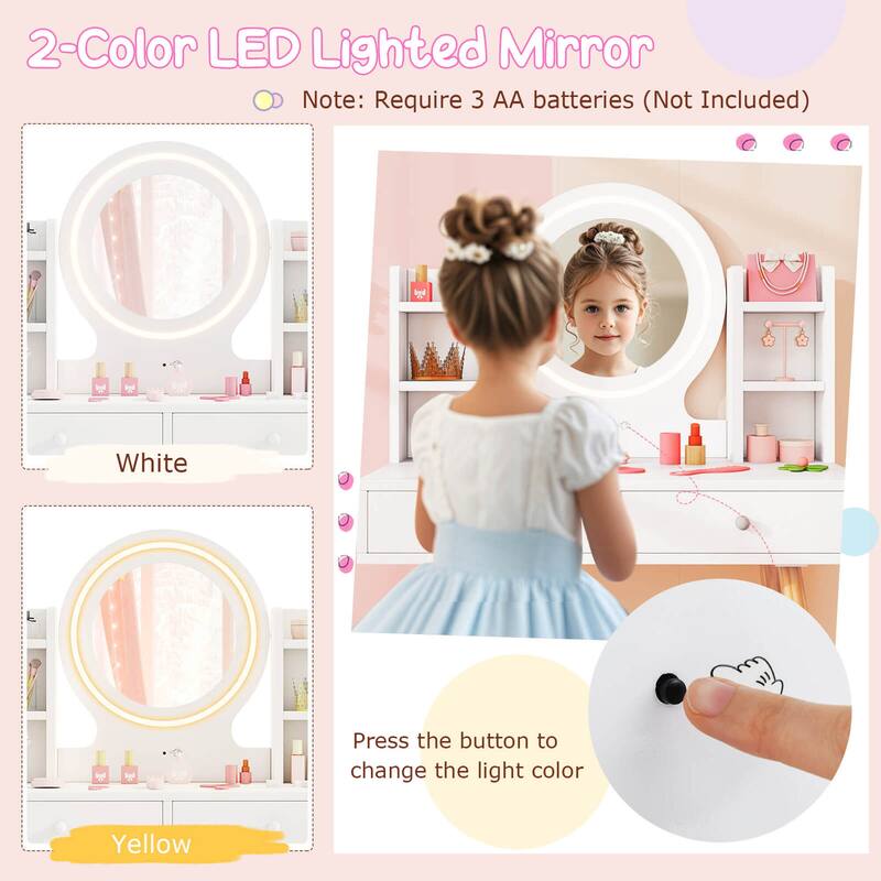 Costway Kids Vanity Set Princess Vanity Desk Set with 2-Color LED - See Details