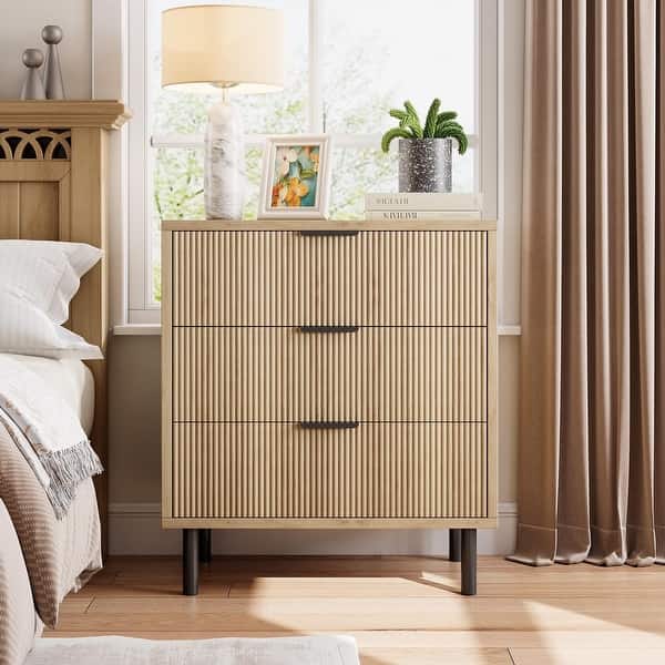 slide 2 of 35, 3/5/6 Drawer Fluted Dresser for Bedroom, Modern Wide Chest of Drawers with Metal Legs 3-drawer - Natural
