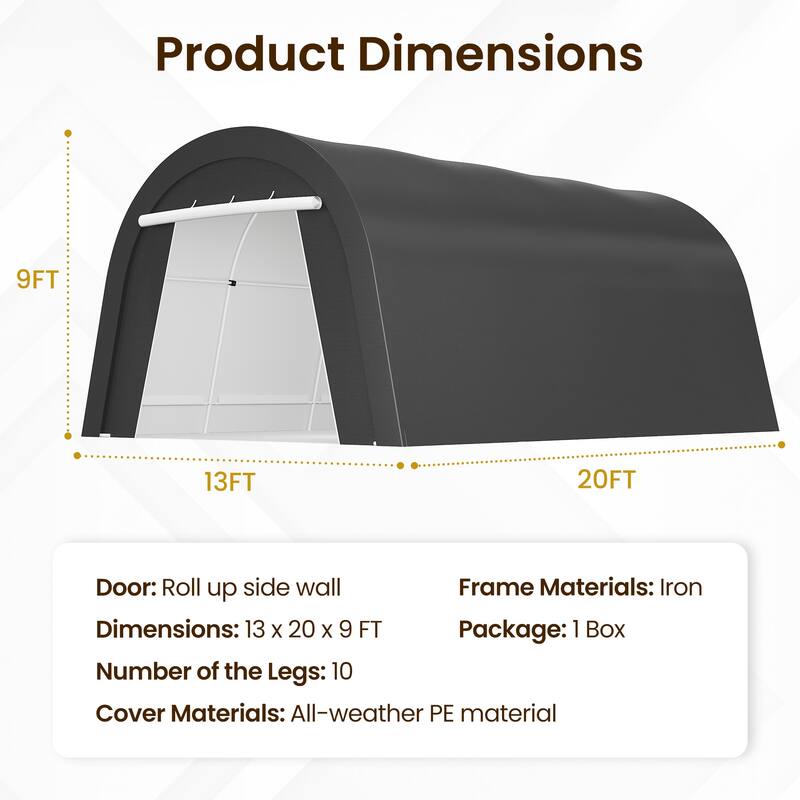 13' x 20'Portable Domed Carport with 2 Roll-up Doors