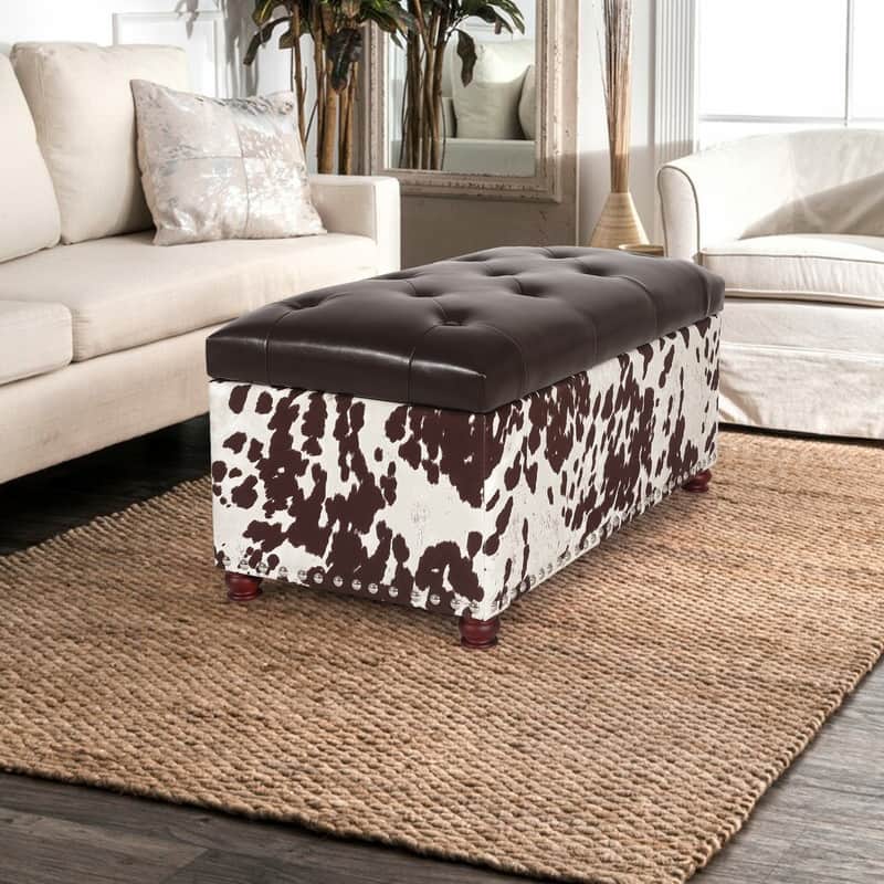 Adeco Rectangular Storage Ottoman Tufted Faux-Leather Bench Lifted Top
