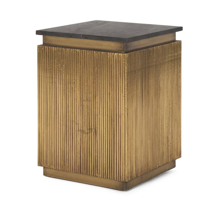 HomeRoots 22" Black and Gold Stone and Brass Square Block End Table - 16.00 in. x 22.00 in. x 16.00 in.
