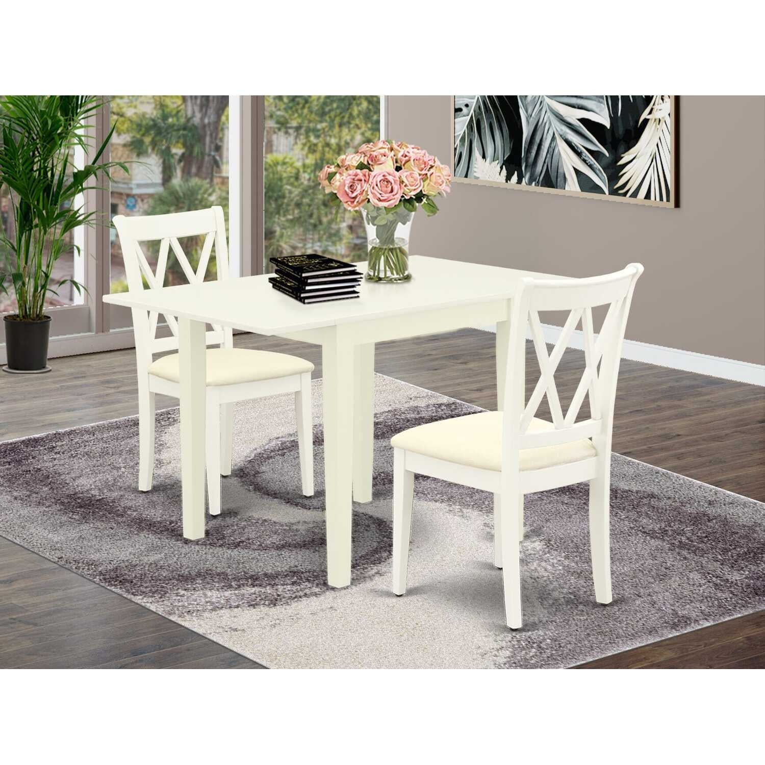 HomeStock 3-Piece Linen White Finish Solid Wood Top Dining Table Set