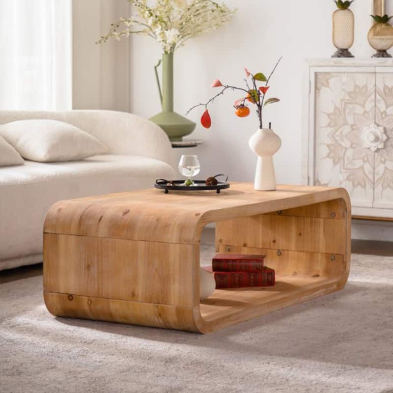 GDFStudio - Modern Curved Open-Frame Coffee Table with Light Wood Finish and Open Storage Shelf