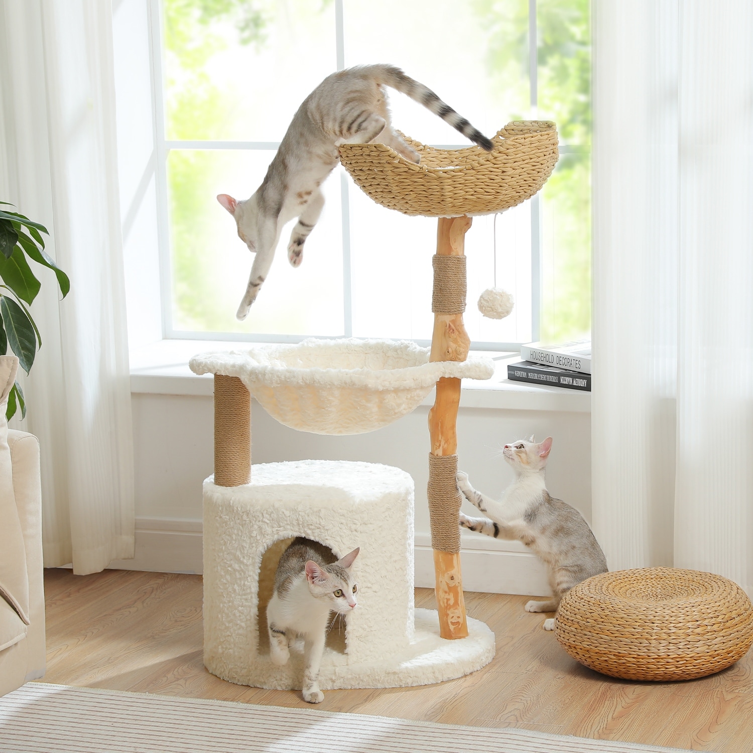 inch cat tree for indoor small cats, woven perches Brown
