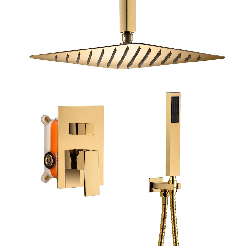 Polished gold ceiling mount 12 inch rain head 2 way shower faucet with handle sprayer - 7'6" x 10'9"