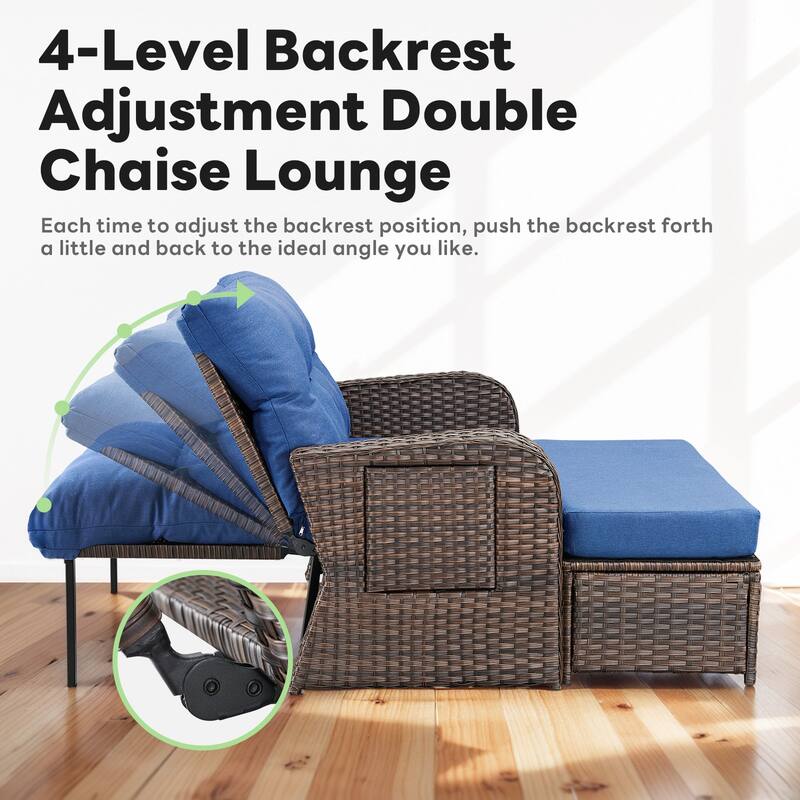 Outdoor Patio Lounge Chair with Ottomans - Blue - Brown