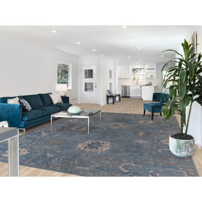 Hand Knotted Oriental 100% Wool Carpet Transitional All-Over Navy Blue & Blues Oushak Area Rug - 12' 9'' X 9' 1''