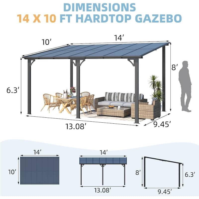 AECOJOY Large Wall-Mounted Heavy Duty Gazebo Hard Top Lean to Pergola with Roof