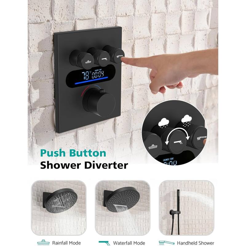 Lefton Shower System in Fahrenheit Display, 13” Overhead Shower Head with All-in-one Handheld Spray Showerhead, SSWM2501