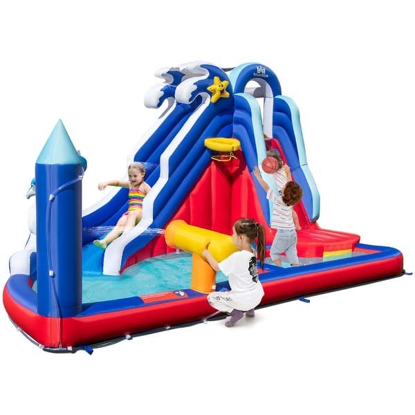 slide 2 of 15, 6-In-1 Inflatable Water Park with Climbing Wall Splash Pool