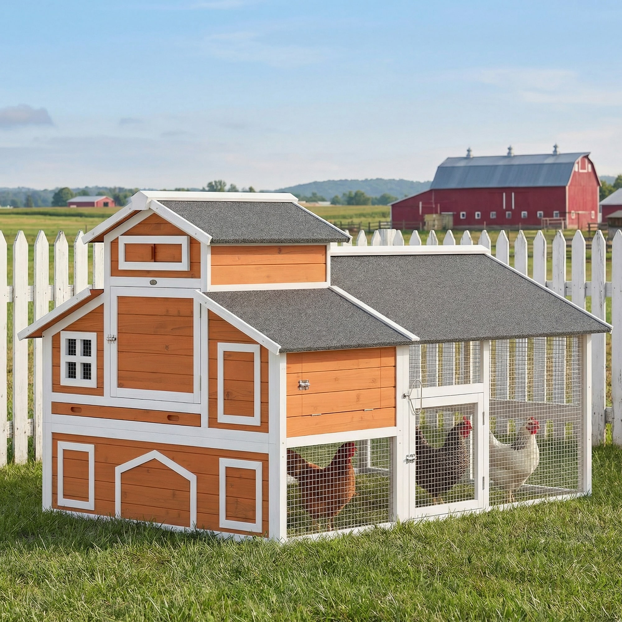 PawHut Orange 79"L Wooden Chicken Coop Hen House with 2 Nesting Boxes