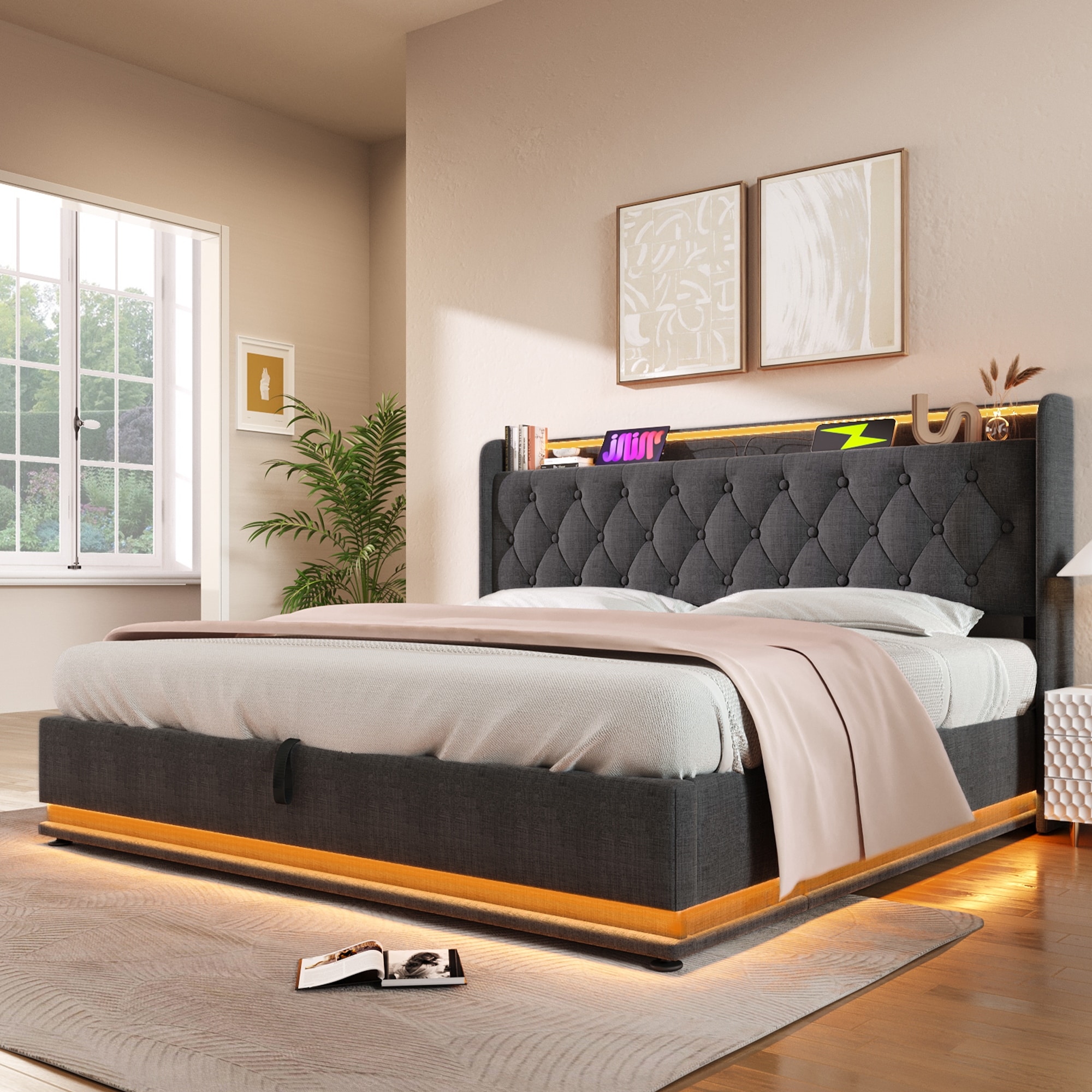 Metal Frame Storage Bed LED Linen Upholstered Platform Bed, Queen
