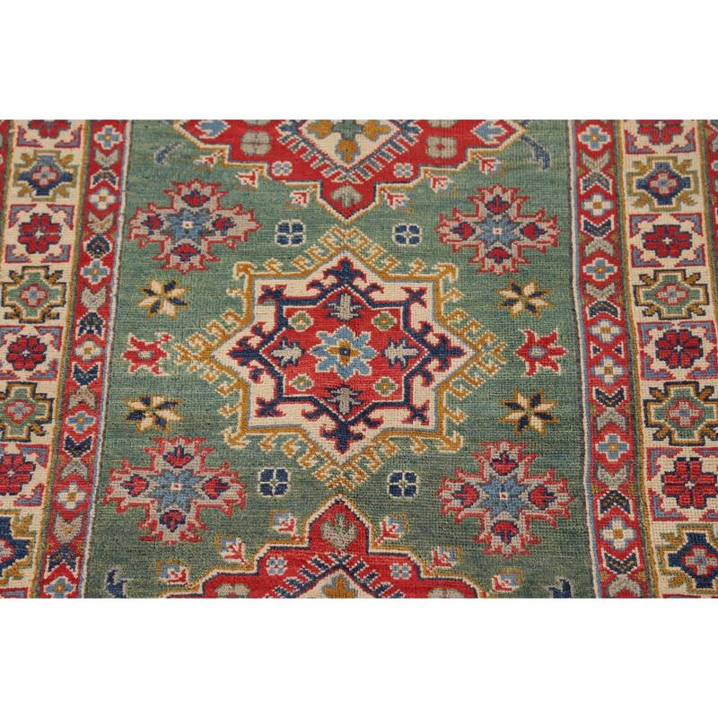 Green Geometric Kazak Accent Rug Handmade Oriental Wool Carpet - 3'4"x 4'10"
