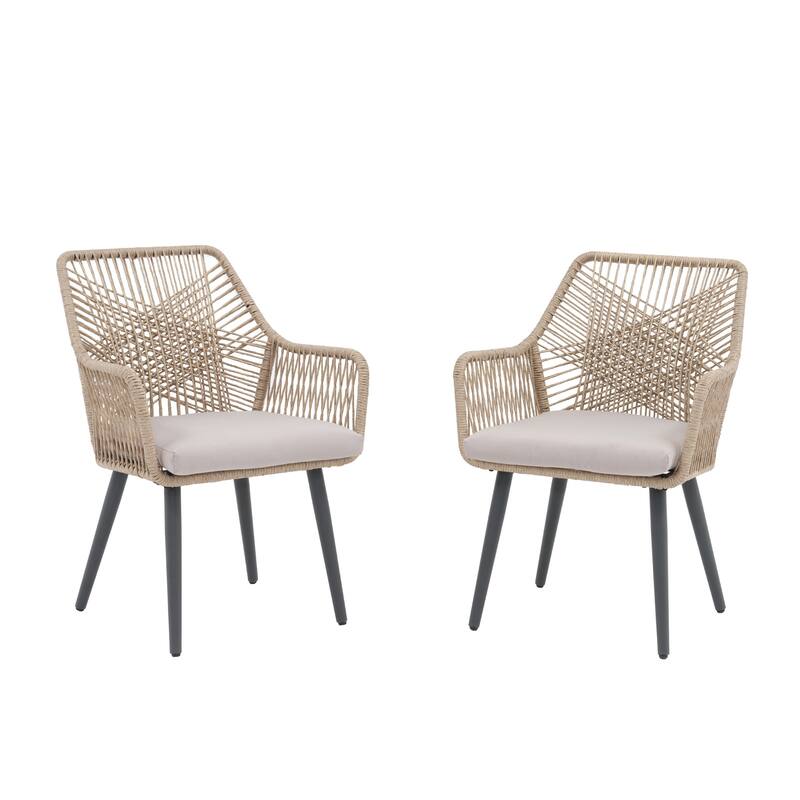 Outdoor Patio Woven Rope Dining Chairs With Armrest and Seat Cushions