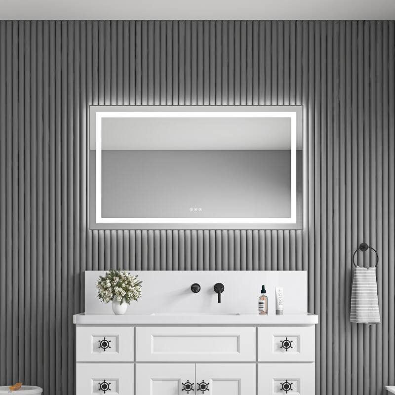 48" x 28" LED Bathroom Mirror with Front and Backlight, Wall Mounted Vanity Mirror with Aluminum Frame, Anti-Fog - Gun Ash