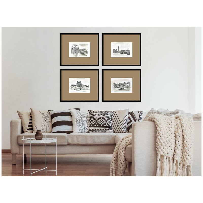 Kate and Laurel Vintage Europe 4 Piece Framed Wall Art Print Set by Teju Reval Brown Mat