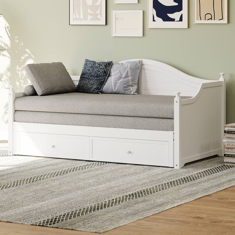Twin Size Wood Daybed Extended Bed with Storage Drawers - White