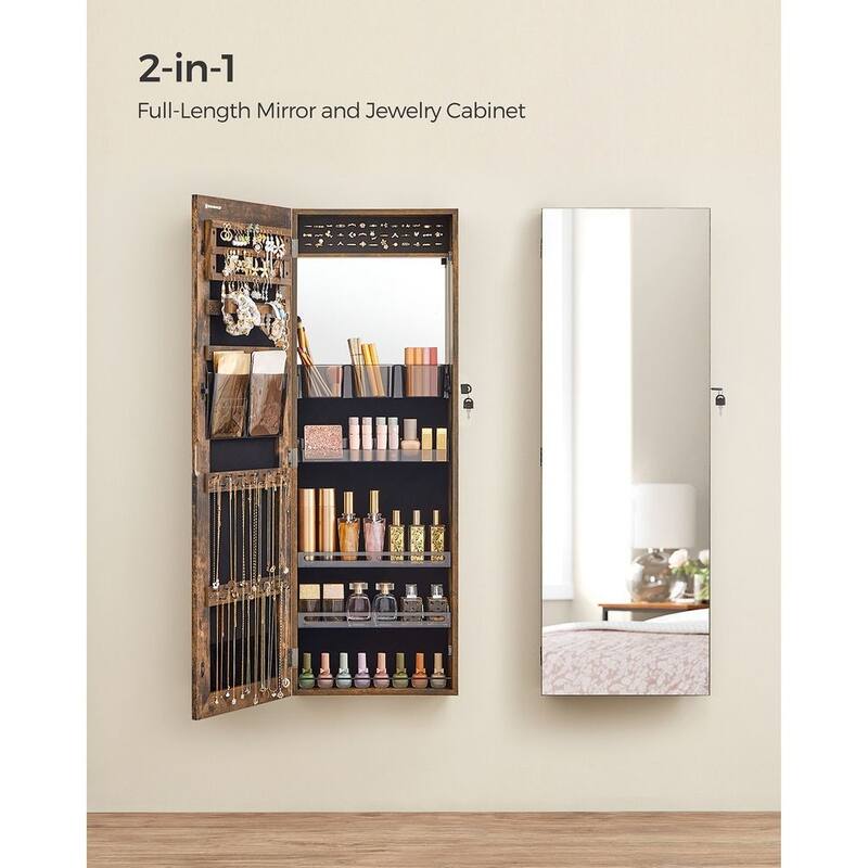 White Wooden Lockable Jewelry Cabinet Armoire with Mirror - 14.8”L x 3.8”W x 42.5”H